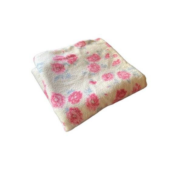 Vintage 1980's Pink Acrylic Twin Blanket Cabbage Rose Print - Picture 1 of 5